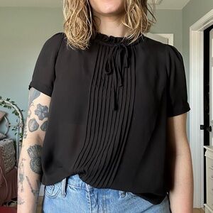 Black Ruffle Tie-Neck Short Sleeve Blouse